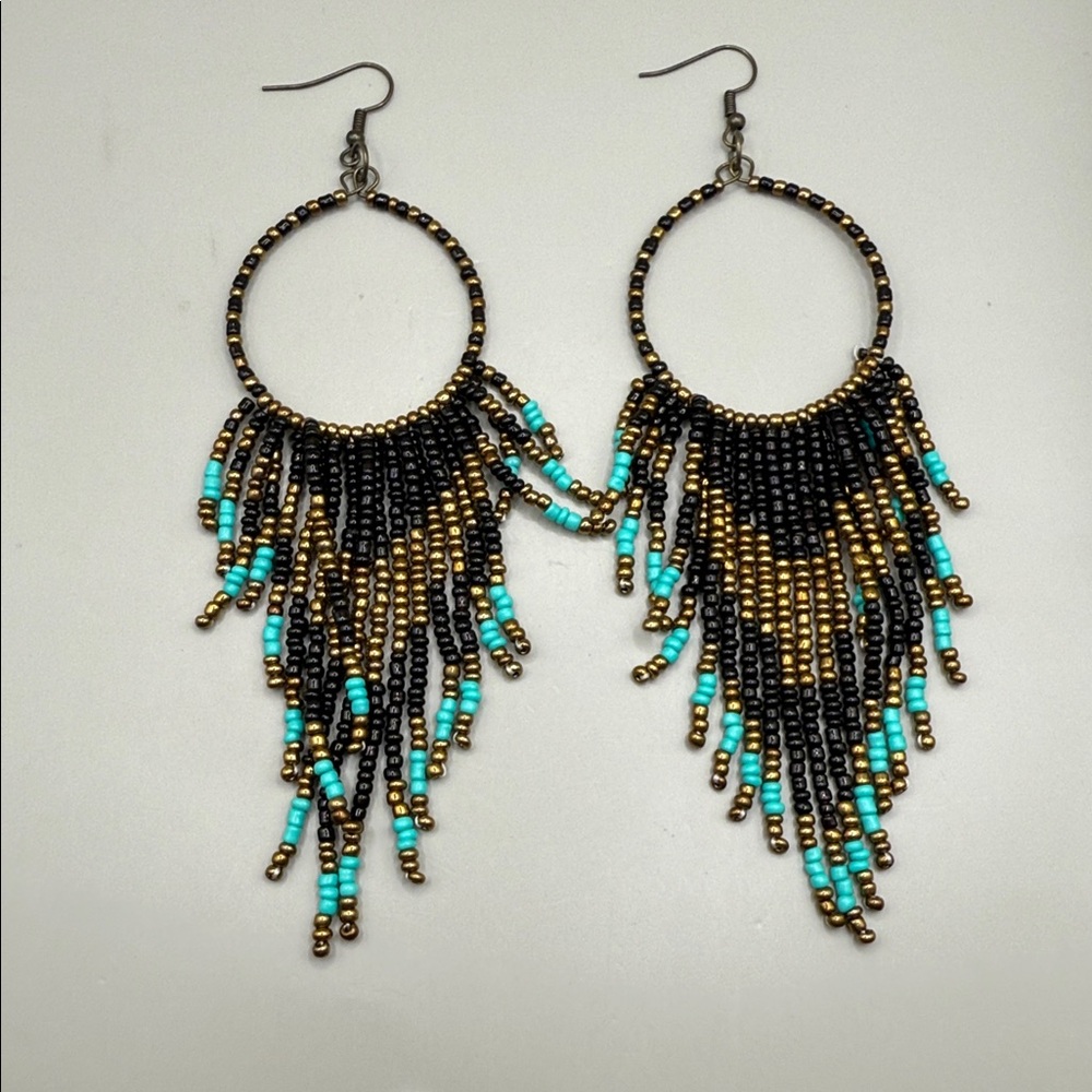 Southwestern Black Gold Turquoise Seed Beaded Fringe Hoop
Dangle Drop Earrings